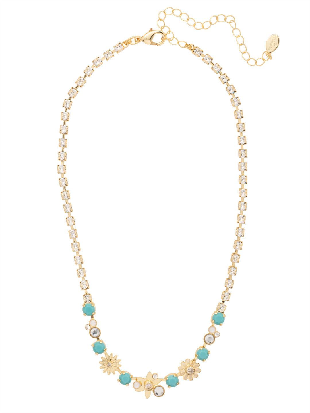 Roseanne Tennis Necklace - NEV13BGSTO - <p>The Roseanne Tennis Necklace is a big sparkler. Floral metalwork stands out on a strand entirely lined in round, sparkling crystals. You're sure to stand out in this one. From Sorrelli's Santorini collection in our Bright Gold-tone finish.</p>