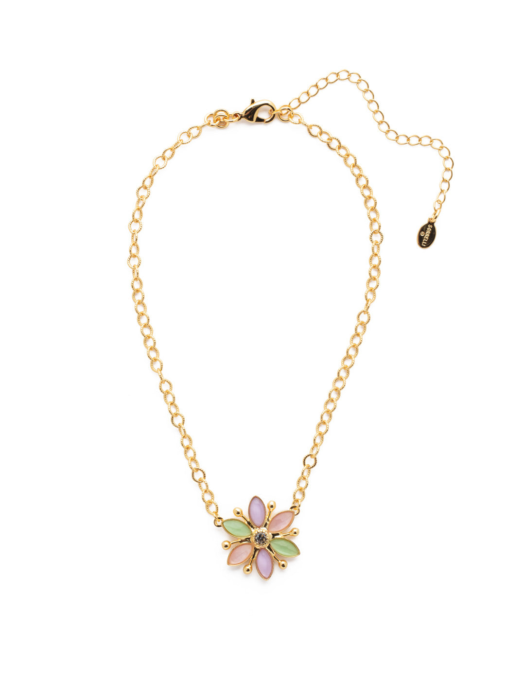Phoebe Pendant Necklace - NEV90BGSPR - <p>Go airy and floral when you wear the Phoebe Pendant Necklace. Metallic linkwork gives way to a floral pendant crafted from sparkling navette crystals. From Sorrelli's Spring Rain collection in our Bright Gold-tone finish.</p>