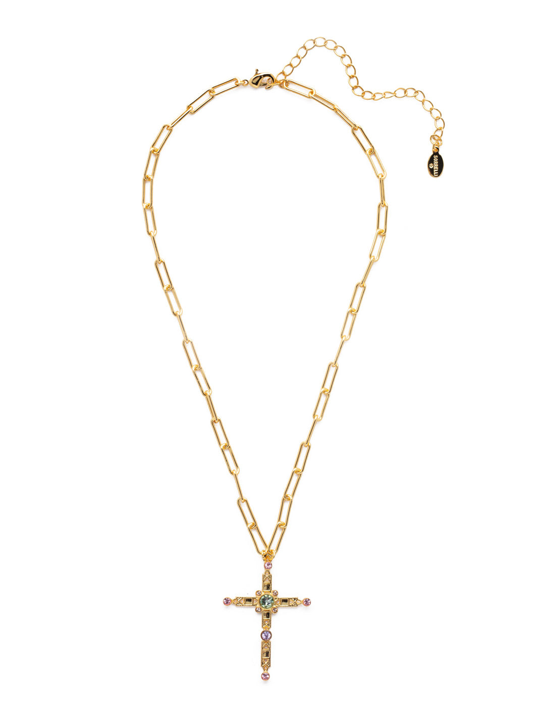 Norah Cross Pendant Necklace - NEX11BGSPR - The Norah Cross Pendant Necklace hosts a modern style cross pendant, overlaid with various crystals and hanging from an adjustable, trendy paperclip chain. From Sorrelli's Spring Rain collection in our Bright Gold-tone finish.