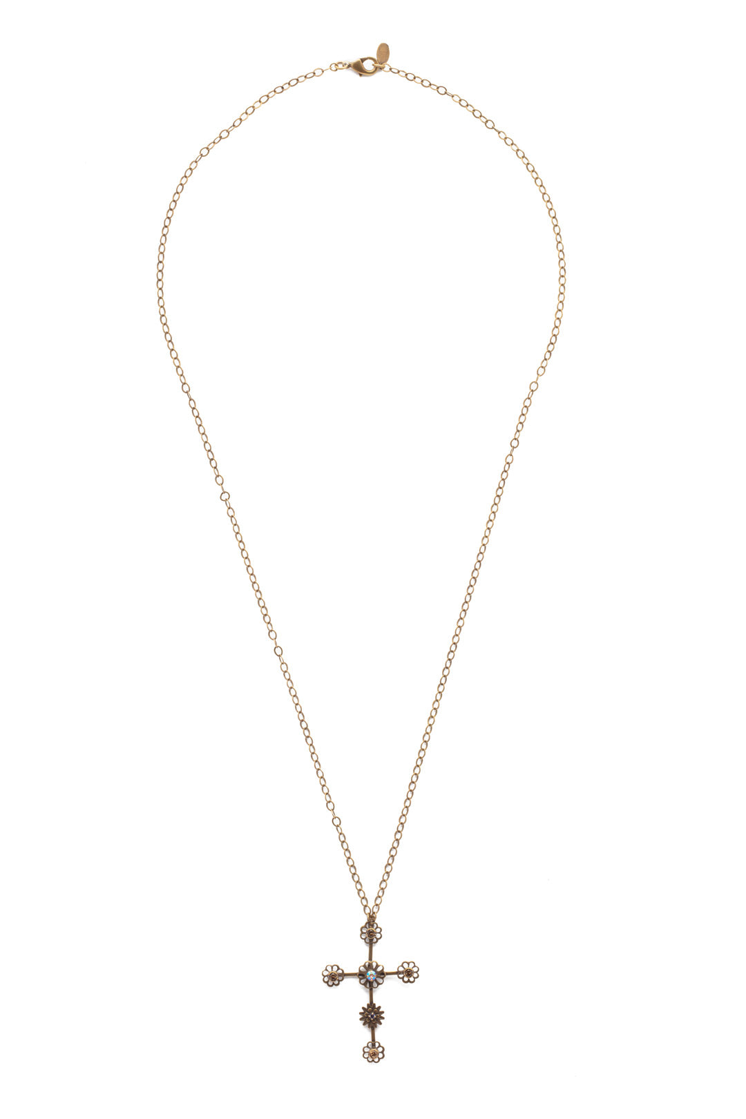 Logan Cross Pendant Necklace - NEX3AGMIR - <p>Perfect for spring, the Logan Cross Pendant Necklace beautifully blends flowers and crystals on a cross pendant, hanging from an adjustable chain. From Sorrelli's Mirage collection in our Antique Gold-tone finish.</p>