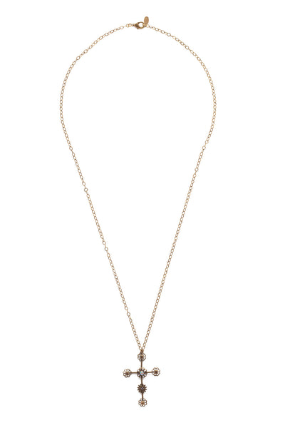 Logan Cross Pendant Necklace - NEX3AGMIR - <p>Perfect for spring, the Logan Cross Pendant Necklace beautifully blends flowers and crystals on a cross pendant, hanging from an adjustable chain. From Sorrelli's Mirage collection in our Antique Gold-tone finish.</p>