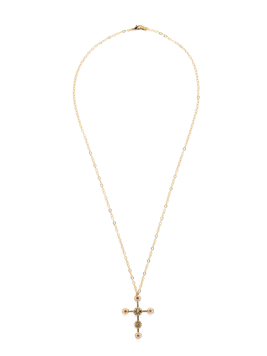 Logan Cross Pendant Necklace - NEX3BGSPR - Perfect for spring, the Logan Cross Pendant Necklace beautifully blends flowers and crystals on a cross pendant, hanging from an adjustable chain. From Sorrelli's Spring Rain collection in our Bright Gold-tone finish.