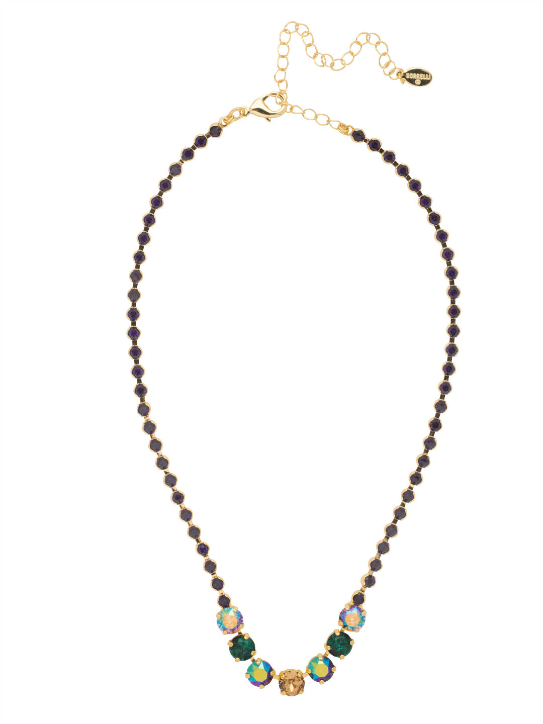 Coco Tennis Necklace - NEZ31BGMDG - <p>The Coco Tennis necklace shines all around; a crystal studded adjustable chain hosts a row of round crystals, secured in the back with a lobster claw clasp. From Sorrelli's Mardi Gras collection in our Bright Gold-tone finish.</p>