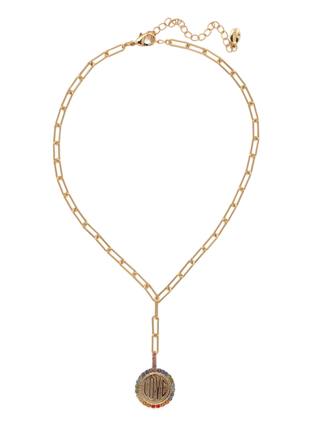 Luvie Pendant Necklace - NFA1BGPRI - <p>The Luvie Pendant Necklace features a paperclip chain hanging in a lariat style, with a single love script coin at the bottom. The lobster claw clasp secures the adjustable chain to various lengths. From Sorrelli's Prism collection in our Bright Gold-tone finish.</p>