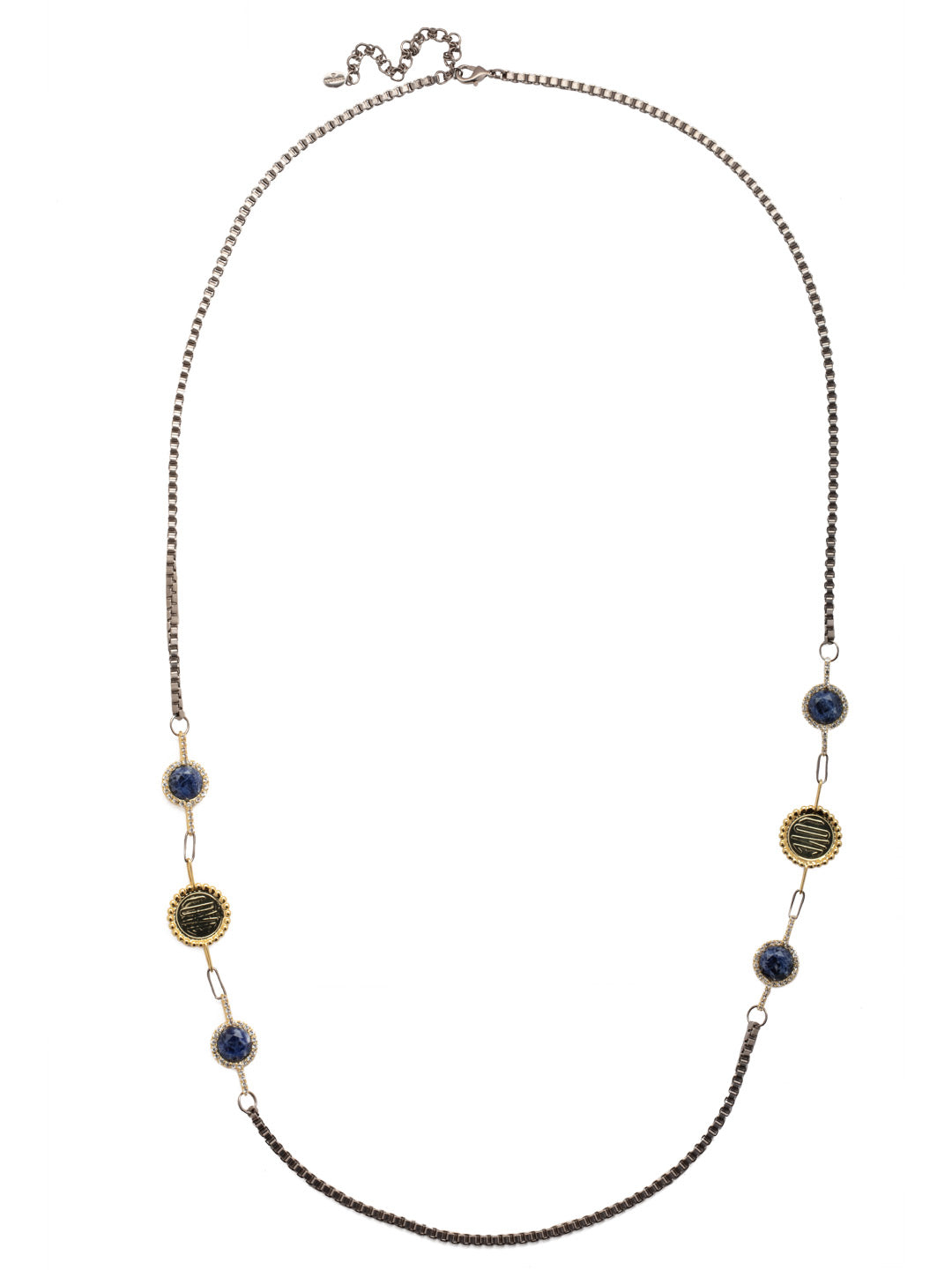 Luvie Long Necklace - NFA3MXIND - <p>There is lots to LOVE about the Luvie Long Necklace. A box chain features colorful round stones set in a cushion of crystals and our popular love coins. From Sorrelli's Industrial collection in our Mixed Metal finish.</p>