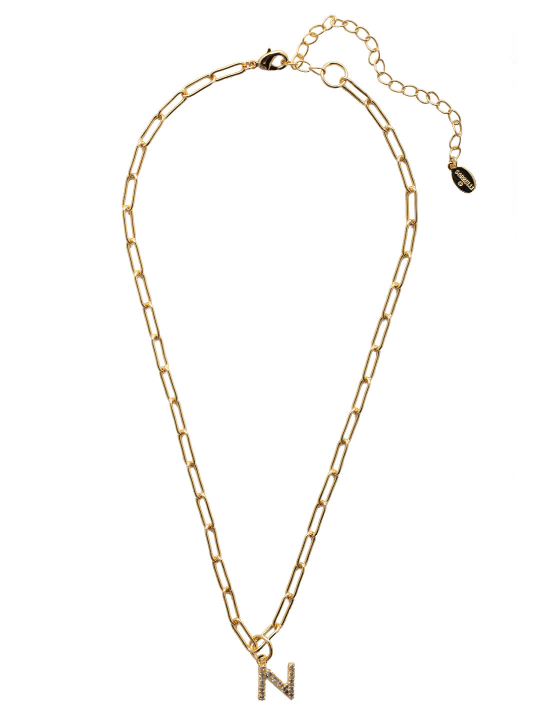 N Initial Paperclip Pendant Necklace - NFB14BGCRY - <p>A crystal embellished initial charm sits at the base of a trendy paperclip chain and is secured with a lobster clasp closure. From Sorrelli's Crystal collection in our Bright Gold-tone finish.</p>