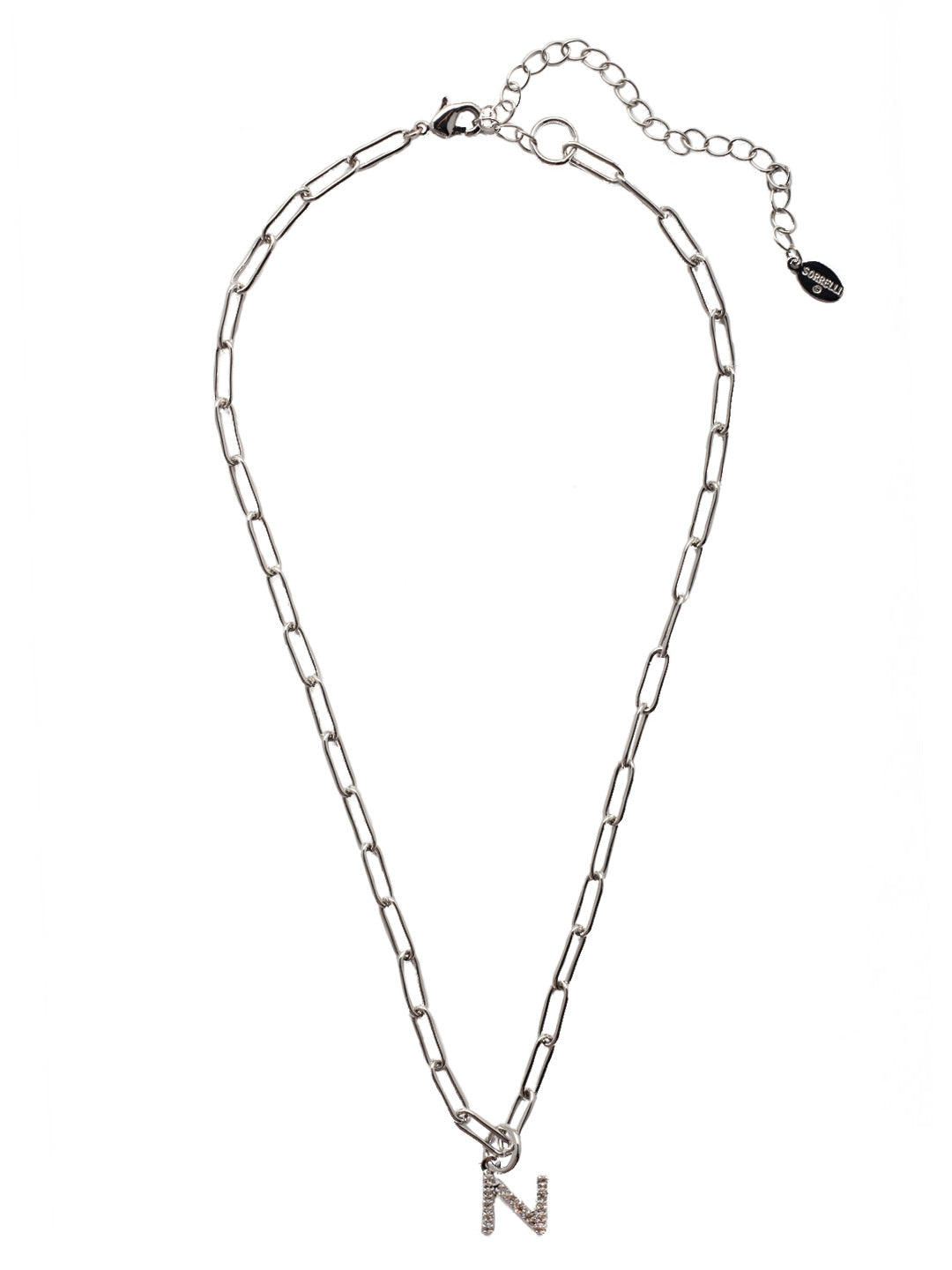 N Initial Paperclip Pendant Necklace - NFB14PDCRY - <p>A crystal embellished initial charm sits at the base of a trendy paperclip chain and is secured with a lobster clasp closure. From Sorrelli's Crystal collection in our Palladium finish.</p>