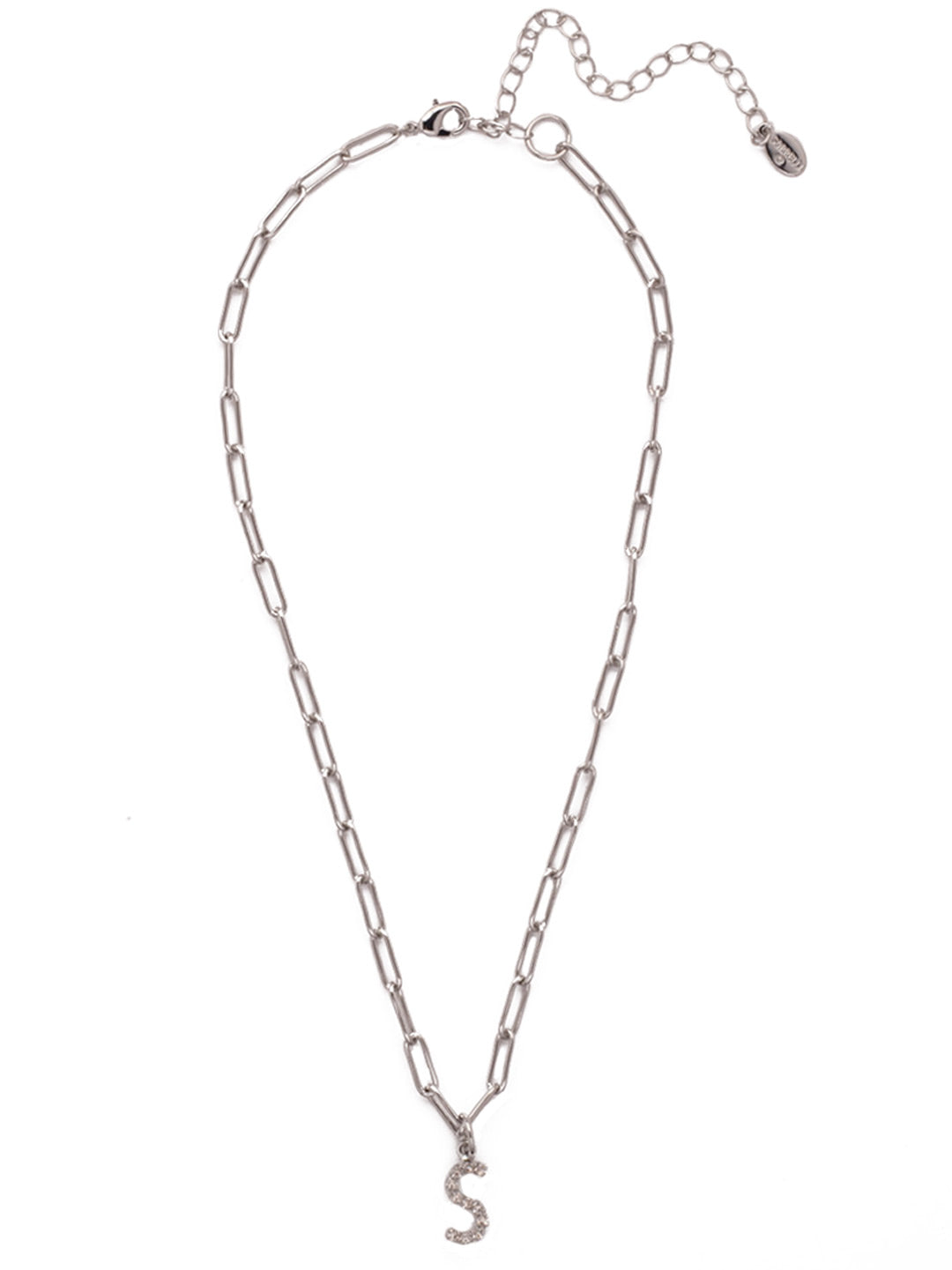 S Initial Paperclip Pendant Necklace - NFB19PDCRY - <p>A crystal embellished initial charm sits at the base of a trendy paperclip chain and is secured with a lobster clasp closure. From Sorrelli's Crystal collection in our Palladium finish.</p>