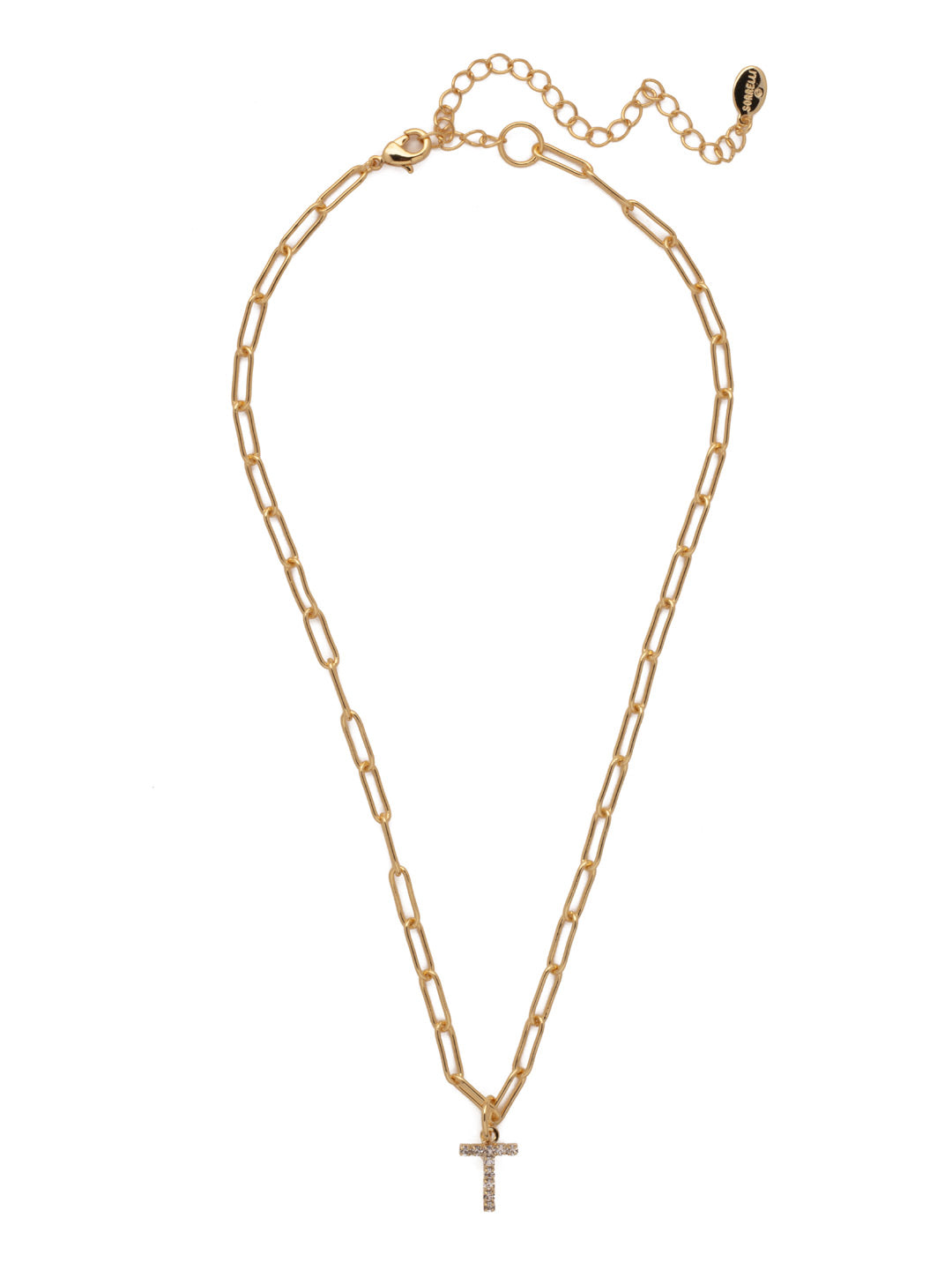 T Initial Paperclip Pendant Necklace - NFB20BGCRY - <p>A crystal embellished initial charm sits at the base of a trendy paperclip chain and is secured with a lobster clasp closure. From Sorrelli's Crystal collection in our Bright Gold-tone finish.</p>