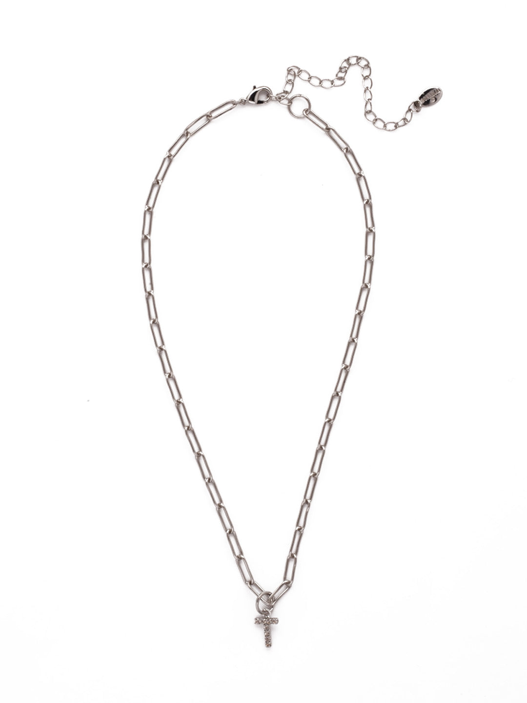 T Initial Paperclip Pendant Necklace - NFB20PDCRY - <p>A crystal embellished initial charm sits at the base of a trendy paperclip chain and is secured with a lobster clasp closure. From Sorrelli's Crystal collection in our Palladium finish.</p>