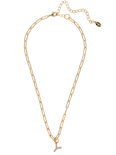 Y Initial Paperclip Pendant Necklace - NFB25BGCRY - <p>A crystal embellished initial charm sits at the base of a trendy paperclip chain and is secured with a lobster clasp closure. From Sorrelli's Crystal collection in our Bright Gold-tone finish.</p>