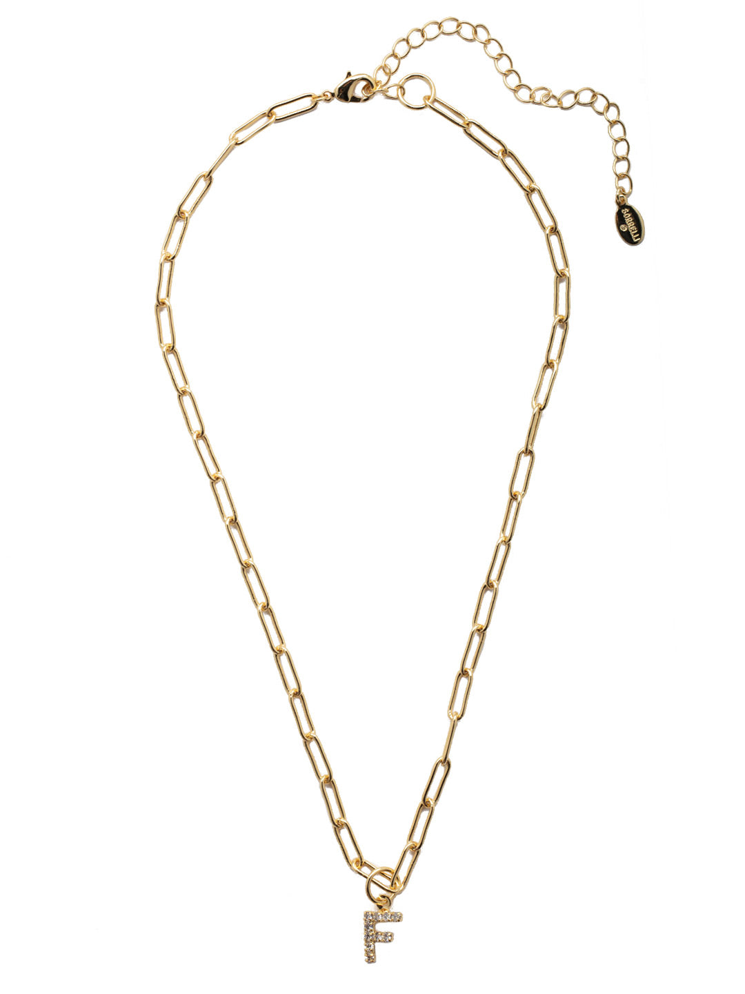 F Initial Paperclip Pendant Necklace - NFB6BGCRY - <p>A crystal embellished initial charm sits at the base of a trendy paperclip chain and is secured with a lobster clasp closure. From Sorrelli's Crystal collection in our Bright Gold-tone finish.</p>