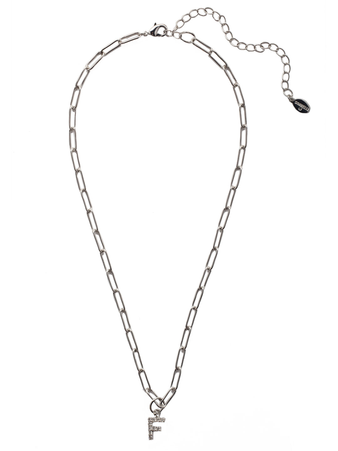 F Initial Paperclip Pendant Necklace - NFB6PDCRY - <p>A crystal embellished initial charm sits at the base of a trendy paperclip chain and is secured with a lobster clasp closure. From Sorrelli's Crystal collection in our Palladium finish.</p>
