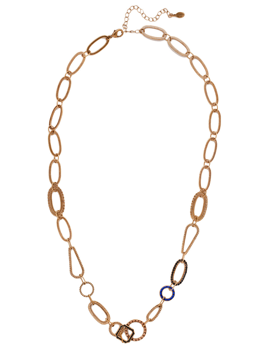 Ramona Long Necklace - NFC1AGVBN - <p>The Ramona Long Necklace features various shapes of rhinestone links, connecting at the base of the neck with an adjustable chain and secured with a lobster claw clasp. From Sorrelli's Venice Blue collection in our Antique Gold-tone finish.</p>