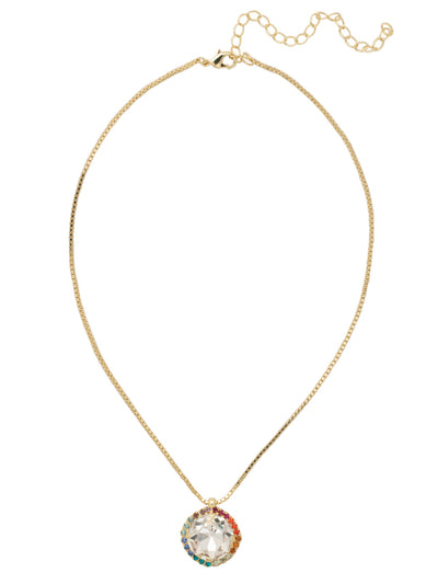 Round Halo Pendant Necklace - NFC85BGPRI - <p>The Round Halo Pendant Necklace features a single round cut crystal in a halo of rhinestones, dangling from an adjustable chain secured with a lobster claw clasp. From Sorrelli's Prism collection in our Bright Gold-tone finish.</p>