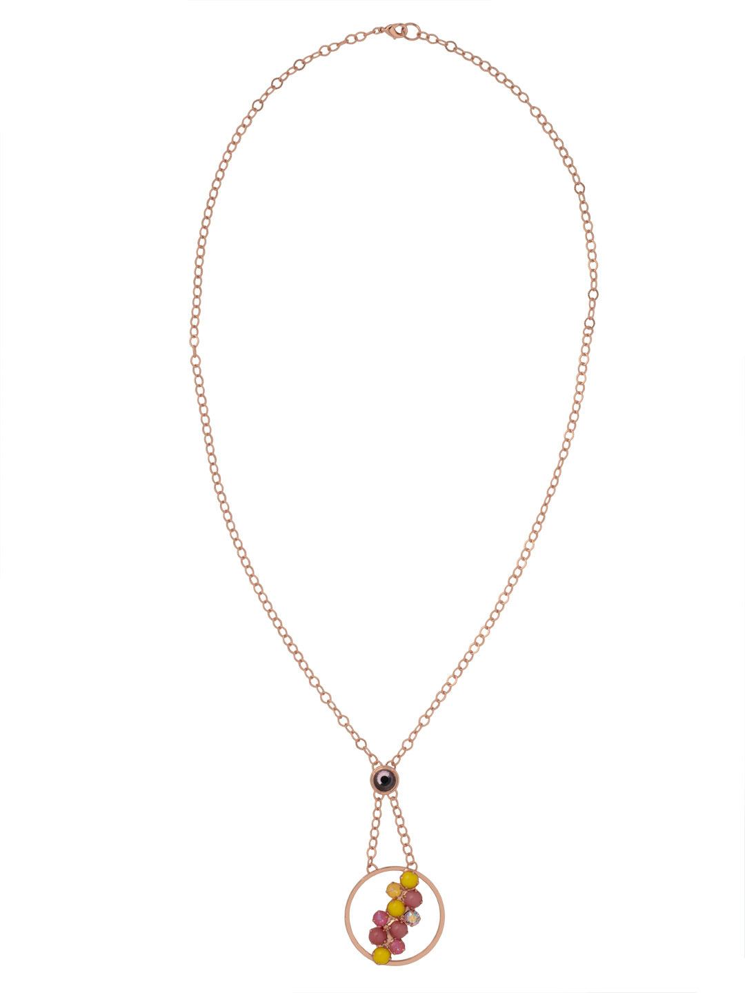 Xena Long Pendant Necklace - NFF111RGPPN - <p>The Xena Long Pendant Necklace features an oversized metal hoop with an asymmetrical cluster of semi-precious stones stretching across its diameter. A single round stone cinches the adjustable chain mid-way above the hoop pendant, creating a faux bolo tie effect. The adjustable chain is secured by a lobster claw clasp. From Sorrelli's Pink Pineapple collection in our Rose Gold-tone finish.</p>