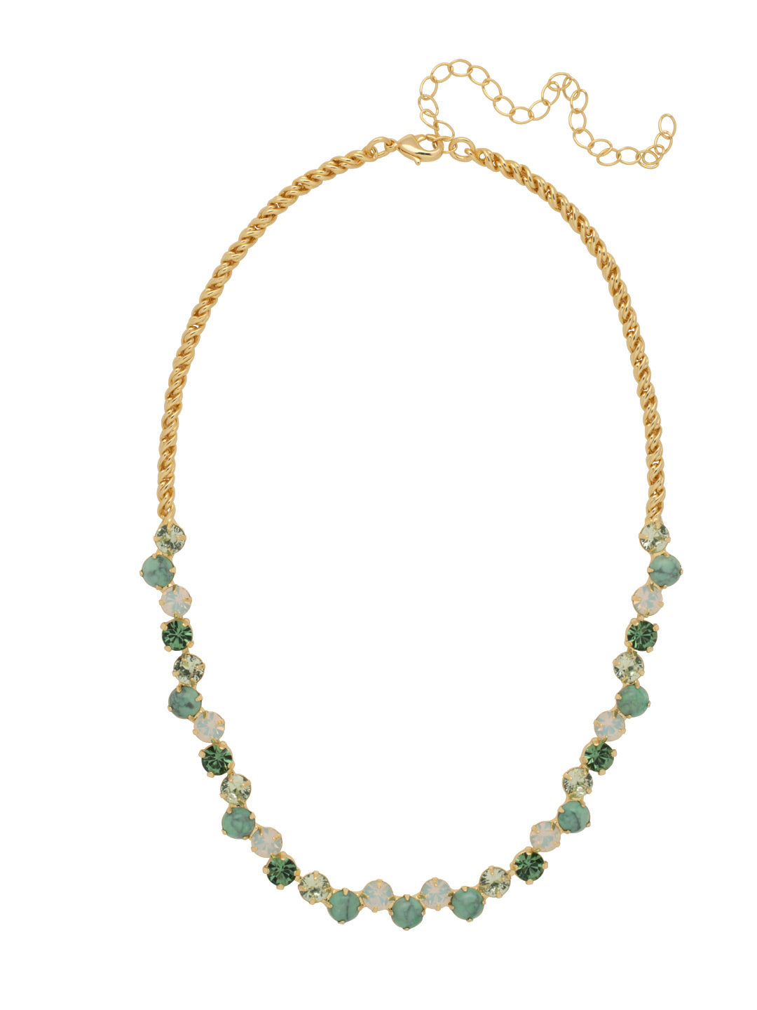 Xena Repeating Rope Chain Tennis Necklace - NFF113BGSGR - <p>The Xena Repeating Rope Chain Tennis Necklace features repeating round cut crystals and semi-precious stones on an adjustable rope chain, secured with a lobster claw clasp. From Sorrelli's Sage Green collection in our Bright Gold-tone finish.</p>
