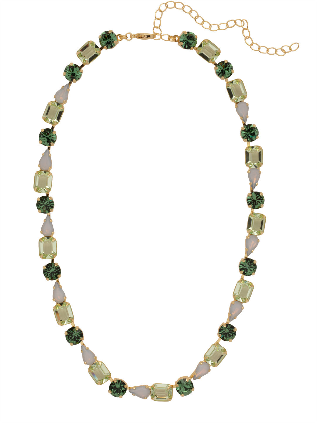 Maude Tennis Necklace - NFF77BGSGR - <p>The Maude Tennis Necklace features a full line of various cuts and colors of crystals on an adjustable chain, secured by a lobster claw clasp. From Sorrelli's Sage Green collection in our Bright Gold-tone finish.</p>