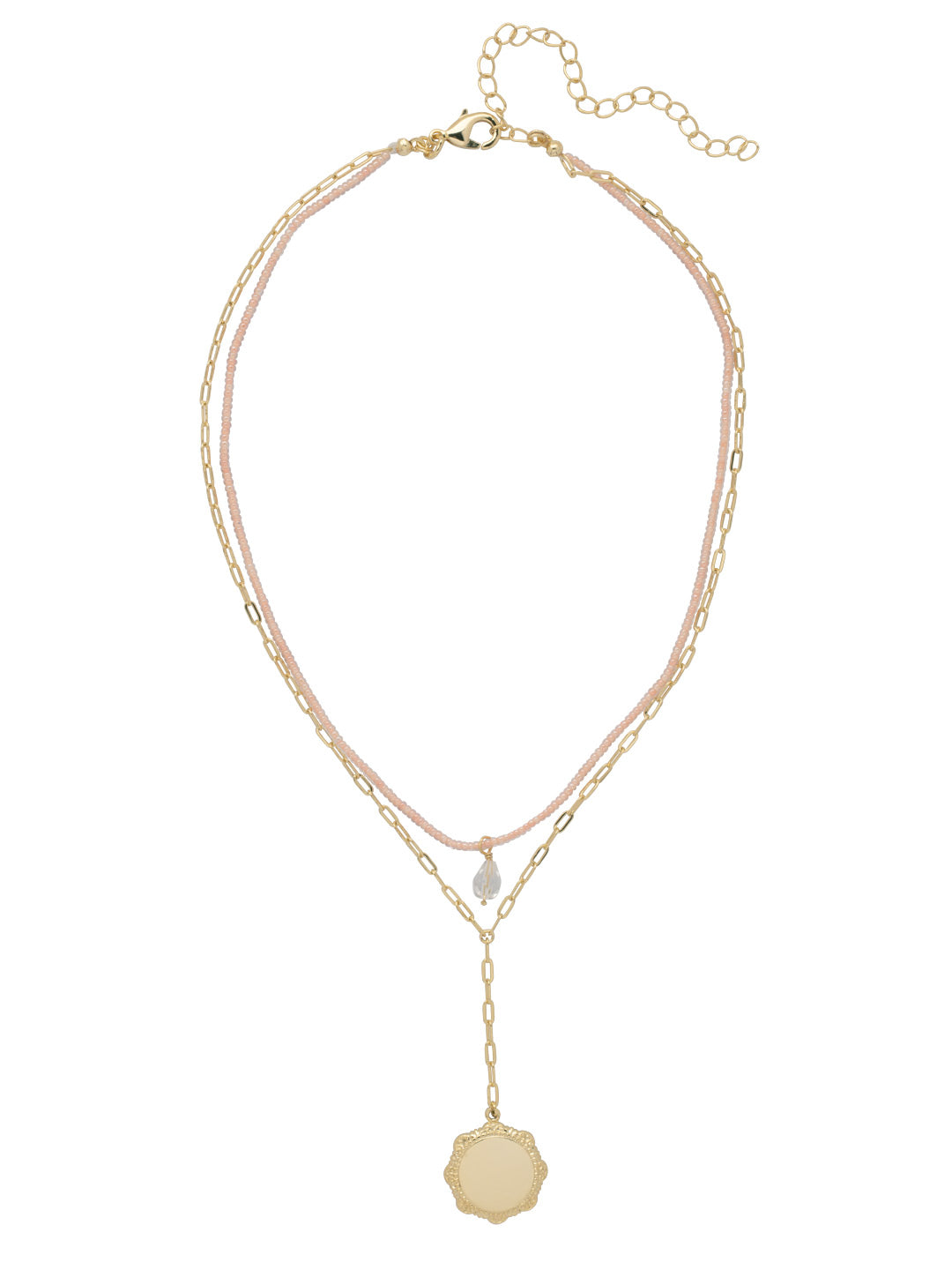 Cora Layered Necklace - NFJ3BGSCL - <p>The Cora Layered Necklace features a beaded strand with a clear beaded charm and a delicate lariat chain with a ruffle disk pendant. From Sorrelli's Silky Clouds collection in our Bright Gold-tone finish.</p>