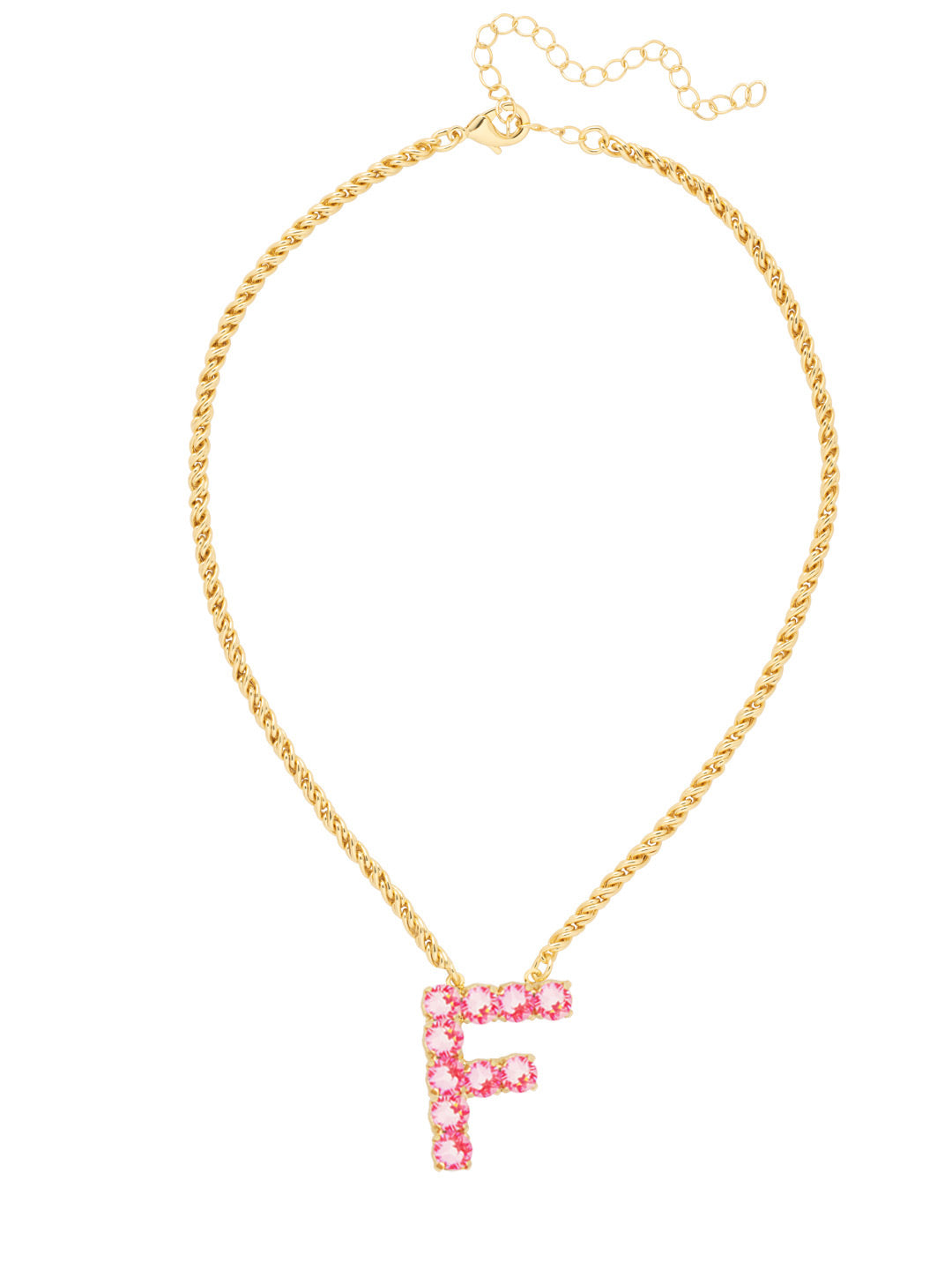 F Initial Rope Pendant Necklace - NFK25BGETP - <p>The Initial Rope Pendant Necklace features a crystal encrusted metal monogram pendant on an adjustable rope chain, secured with a lobster claw clasp. From Sorrelli's Electric Pink collection in our Bright Gold-tone finish.</p>