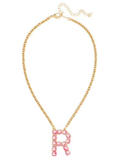R Initial Rope Pendant Necklace - NFK37BGETP - <p>The Initial Rope Pendant Necklace features a crystal encrusted metal monogram pendant on an adjustable rope chain, secured with a lobster claw clasp. From Sorrelli's Electric Pink collection in our Bright Gold-tone finish.</p>