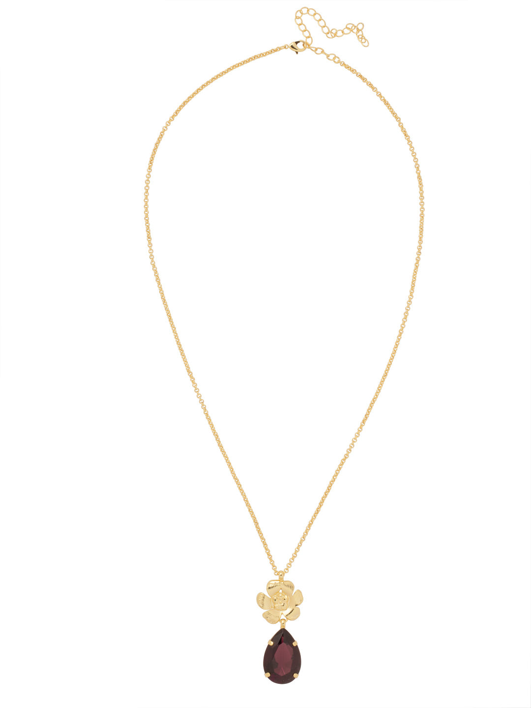 Fleur Pendant Necklace - NFL11BGMRL - <p>The Fleur Pendant Necklace features a large pear cut crystal and metal flower pendant dangling from a long, adjustable chain, secured with a lobster claw clasp. From Sorrelli's Merlot collection in our Bright Gold-tone finish.</p>