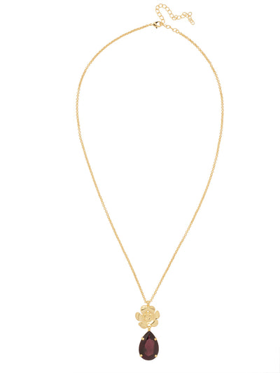 Fleur Pendant Necklace - NFL11BGMRL - <p>The Fleur Pendant Necklace features a large pear cut crystal and metal flower pendant dangling from a long, adjustable chain, secured with a lobster claw clasp. From Sorrelli's Merlot collection in our Bright Gold-tone finish.</p>