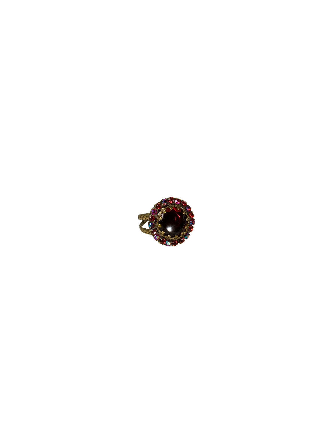 Circular Cocktail Ring with Crystal Edge Accents - RBT75AGCB - Two rows of petite accent crystals highlight a brilliant round-cut crystal in this easy to wear style. From Sorrelli's Cranberry collection in our Antique Gold-tone finish.