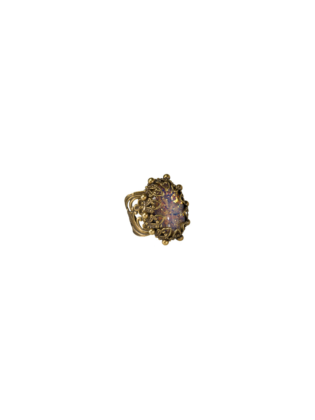 Royalty Oval Ring - RCF55AGWL - <p>A look that is fit for royalty. A large oval cabochon sits in the center of this ring and is secured in place by an antique inspired rope weave cage, reminiscent of heart shapes. The piece is raised by antique fleurs and surrounded by an embellished raised ball antique border. This ring is set on an adjustable openwork filigree band and is stylish enough for cocktails, or even meeting the queen. From Sorrelli's Water Lily collection in our Antique Gold-tone finish.</p>