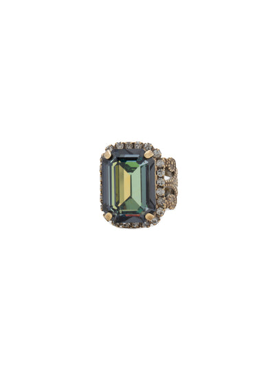 Petite Emerald-Cut Cocktail Ring - RCF9AGCRP - <p>Too fine a piece to be overlooked! This classic ring features a large, central emerald cut crystal framed by a row of round gemstones set on an intricate, filigree band. From Sorrelli's Crystal Patina collection in our Antique Gold-tone finish.</p>