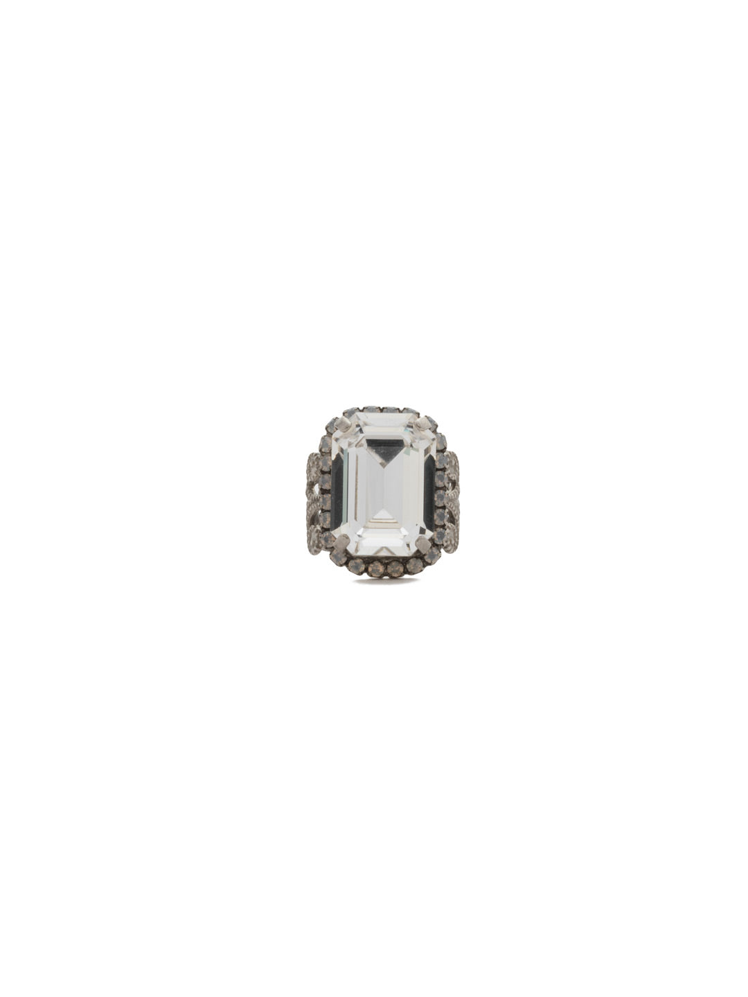 Petite Emerald-Cut Cocktail Ring - RCF9ASWBR - Too fine a piece to be overlooked! This classic ring features a large, central emerald cut crystal framed by a row of round gemstones set on an intricate, filigree band. From Sorrelli's White Bridal collection in our Antique Silver-tone finish.