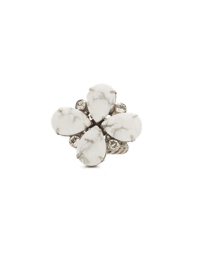 RCM9 Ring - RCM9ASWH - <p>This sweet ring makes a bold statement. Four pear shaped crystals point center for a filigree petal effect while a double band adds delicacy to this stand-out piece. From Sorrelli's White Howlite collection in our Antique Silver-tone finish.</p>