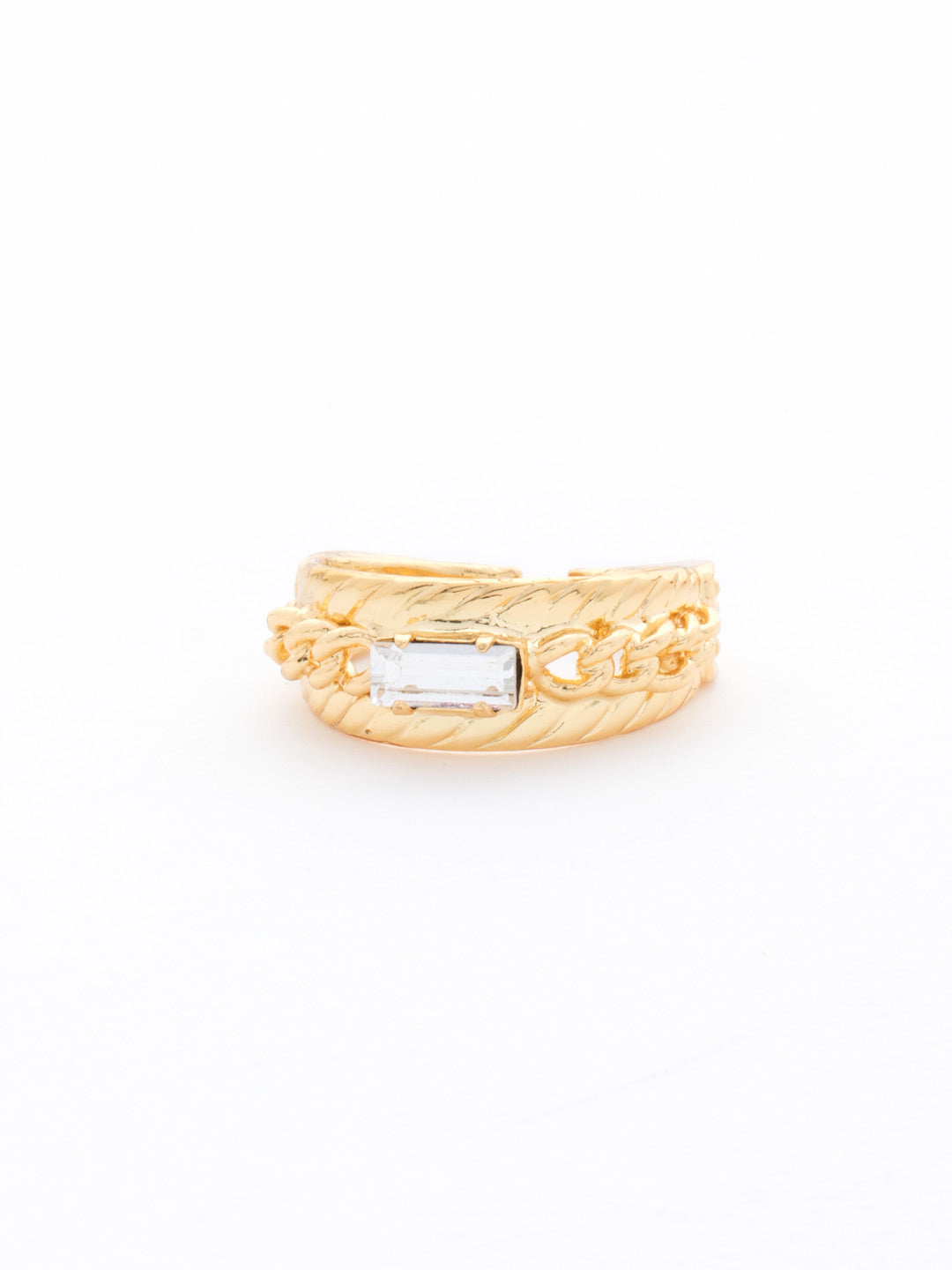 Petite Braided Baguette Ring - RCT28BGCRY - <p>This stackable ring features a petite baguette crystal set between two braided bands, which is further accented by delicate, metal chain. From Sorrelli's Crystal collection in our Bright Gold-tone finish.</p>
