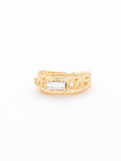 Petite Braided Baguette Ring - RCT28BGCRY - <p>This stackable ring features a petite baguette crystal set between two braided bands, which is further accented by delicate, metal chain. From Sorrelli's Crystal collection in our Bright Gold-tone finish.</p>
