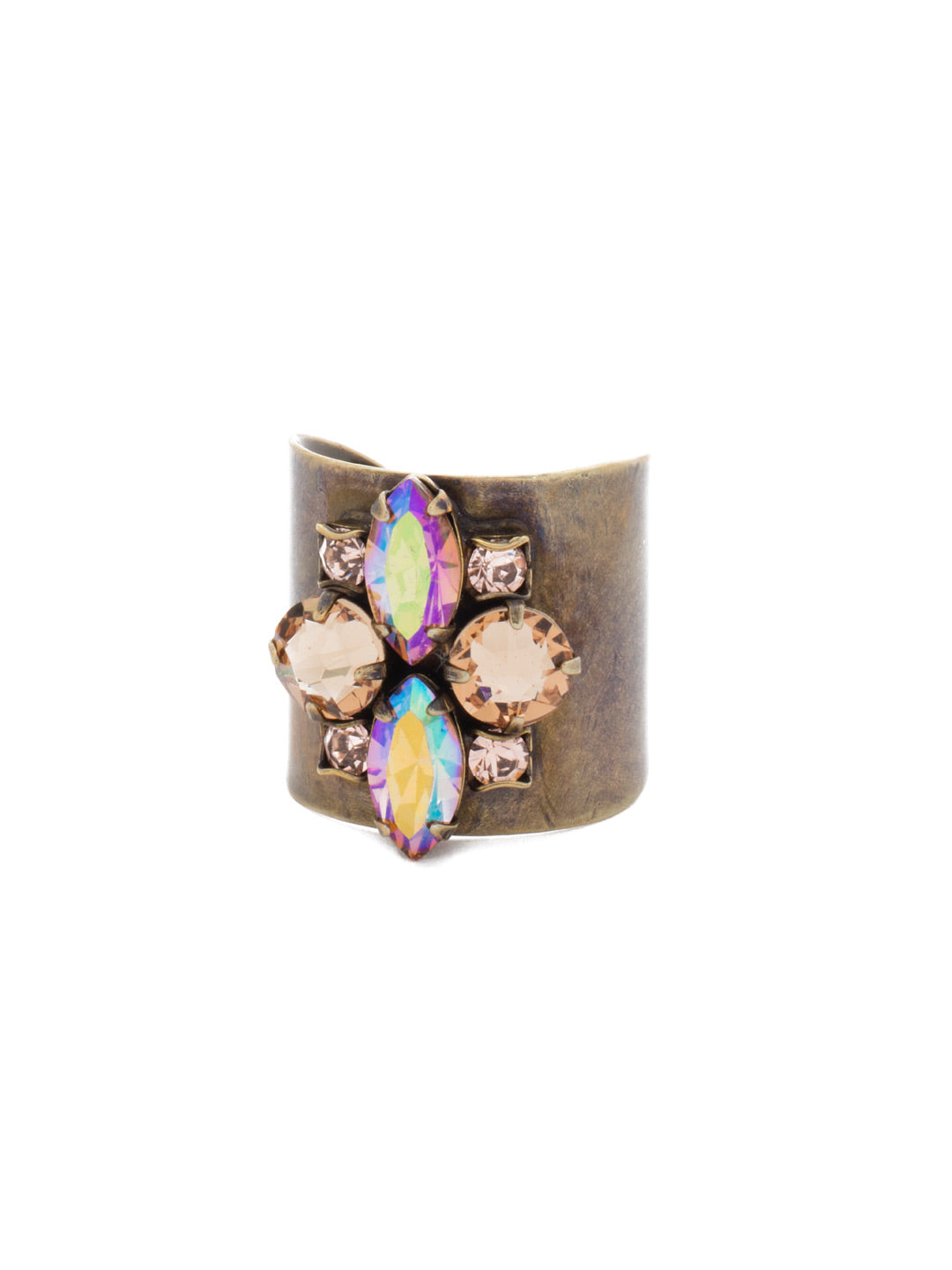 Flower Navette Cuff Ring - RCW49AGNT - Featuring four navette crystals in a floral pattern, this ring will give you that sweet touch of sparkle! From Sorrelli's Neutral Territory collection in our Antique Gold-tone finish.