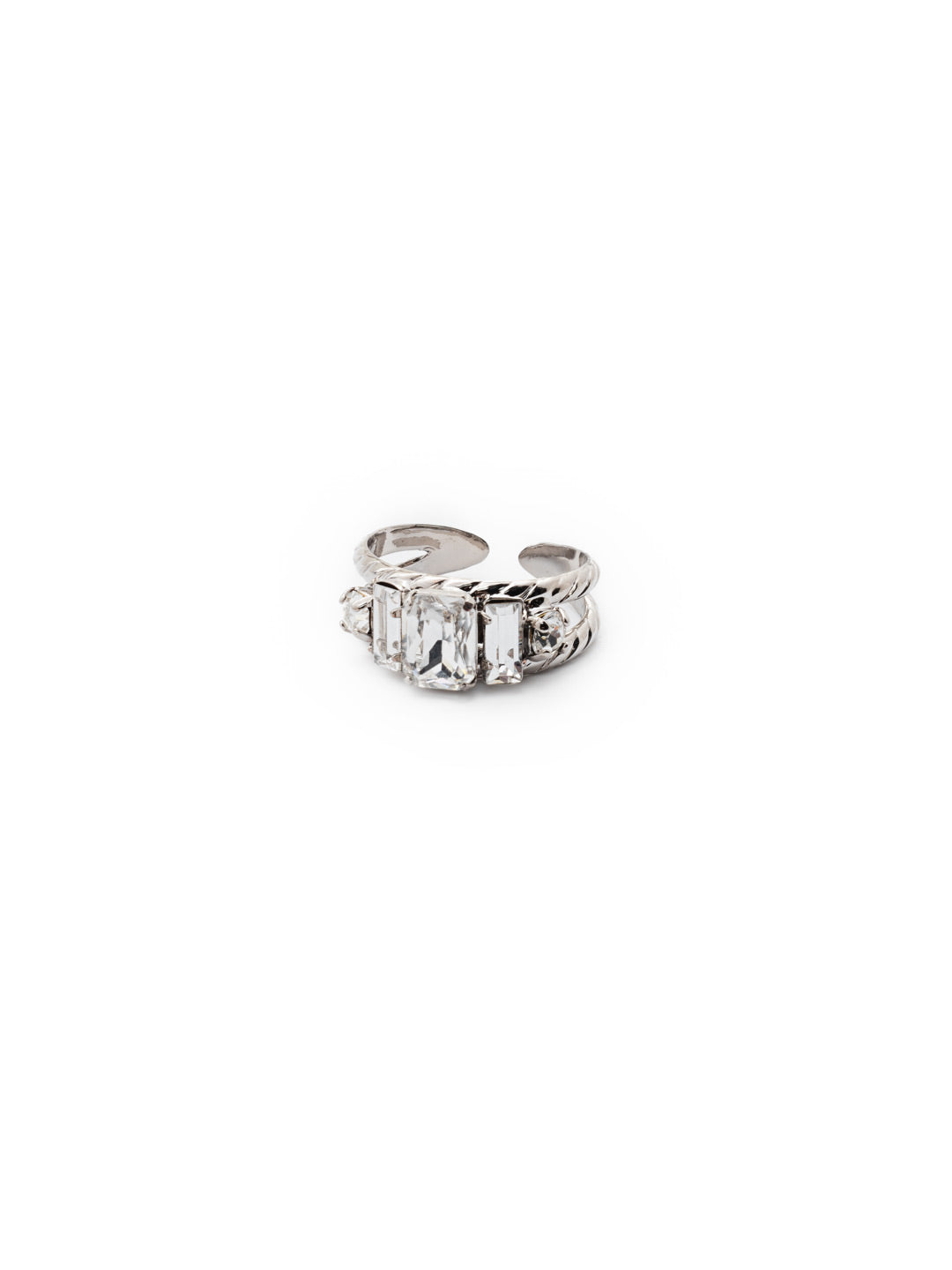 Petite Geo Band Ring - RDG78RHCRY - <p>Emerald-cut, baguette, and round crystals all sit in a row on this geometric ring. An easily adjustable double band features a decorative metal design From Sorrelli's Crystal collection in our Palladium Silver-tone finish.</p>