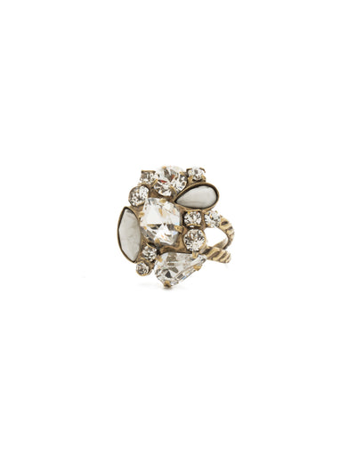 Contemporary Cluster Ring - RDK15AGCRY - A modern mixture, featuring multi-cut crystals and semi-precious stones in a cluster pattern atop an easily adjustable double-band featuring a decorative metal design. From Sorrelli's Crystal collection in our Antique Gold-tone finish.