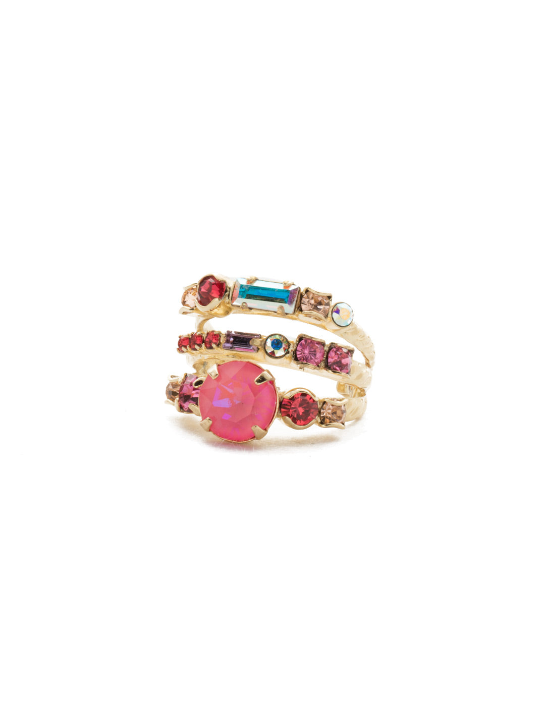 Triple Threat Stacked Ring - RDK23BGISS - <p>Three rows of crystal encrusted bands are joined together for a stacked, stylish look. From Sorrelli's Island Sun collection in our Bright Gold-tone finish.</p>