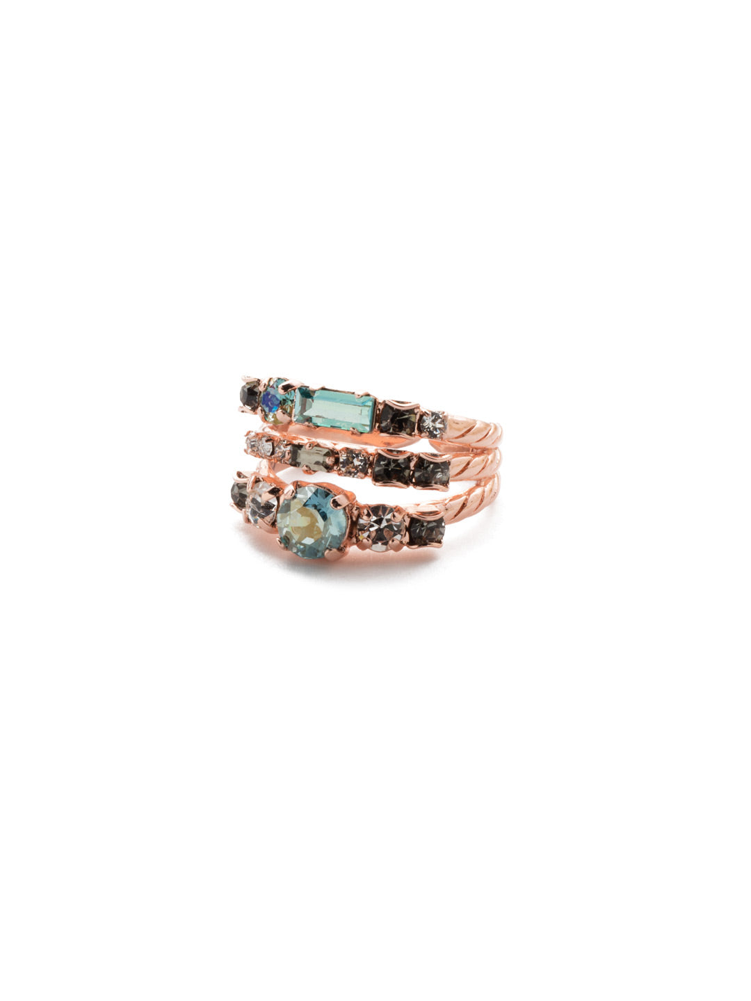 Triple Threat Stacked Ring - RDK23RGCAZ - Three rows of crystal encrusted bands are joined together for a stacked, stylish look. From Sorrelli's Crystal Azure collection in our Rose Gold-tone finish.