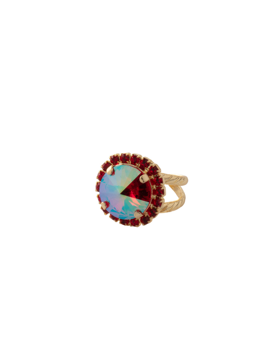 Haute Halo Statement Ring - RDL6BGCB - <p>A central round crystal with an elegant halo of gems embodies elegance and style. From Sorrelli's Cranberry collection in our Bright Gold-tone finish.</p>
