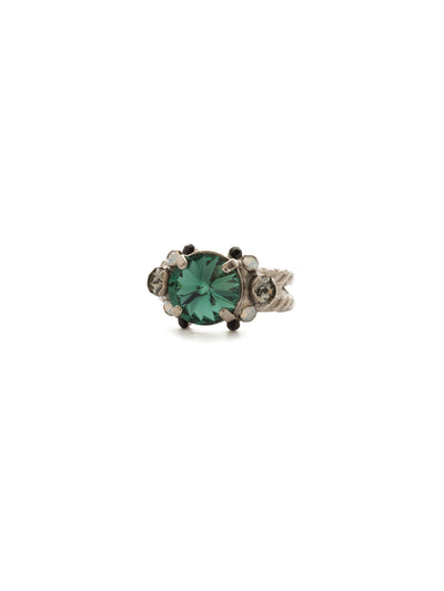Crowning Around Ring - RDN78ASGDG - <p>Show them you're serious about sparkle with this demure ring that features a round rivoli crystal adorned with petite circular stones on either side. From Sorrelli's Game Day Green collection in our Antique Silver-tone finish.</p>