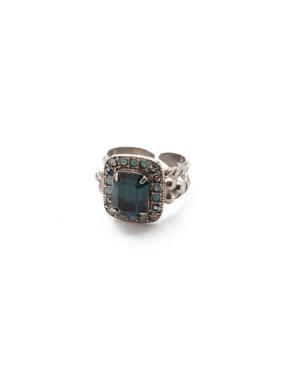 Opulent Octagon Cocktail Ring - RDQ41ASNFT - A central crystal surrounded by petite gems perches atop an adjustable double band. From Sorrelli's Night Frost collection in our Antique Silver-tone finish.