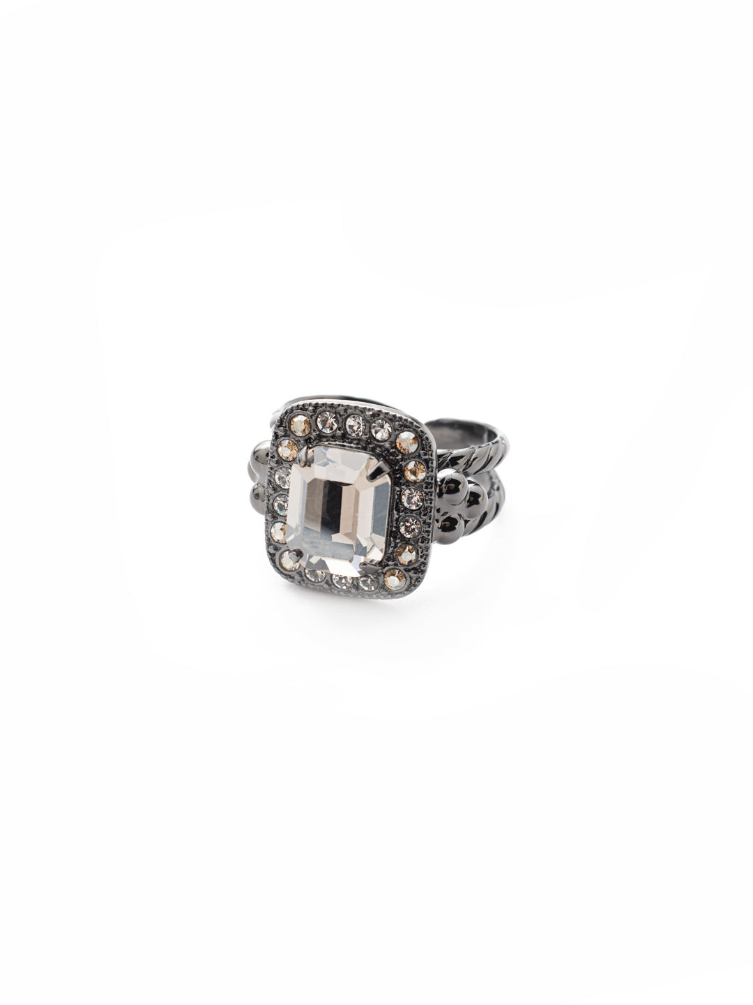 Opulent Octagon Cocktail Ring - RDQ41GMGNS - A central crystal surrounded by petite gems perches atop an adjustable double band. From Sorrelli's Golden Shadow collection in our Gun Metal finish.