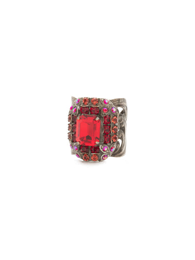 Lycoris Ring - RDQ55ASRRU - A central emerald cut crystal is surrounded by a deco-style flat, crystal-laden setting.