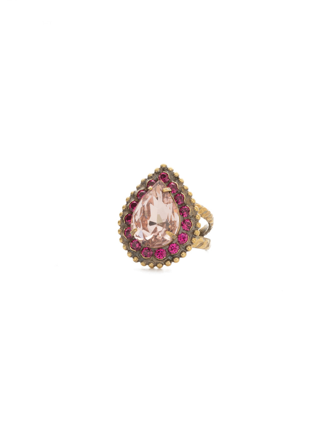 Arum Ring - RDS24AGRS - This cocktail ring features a pear shaped crystal outlined in petite rounds and set on a decorative double band.