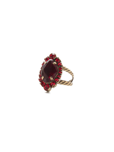 Eustoma Cocktail Ring - RDS44AGSNR - A geometric gem surrounded by petite rounds of alternating colors. This fun ring offers just the right pop of sparkle. From Sorrelli's Sansa Red collection in our Antique Gold-tone finish.