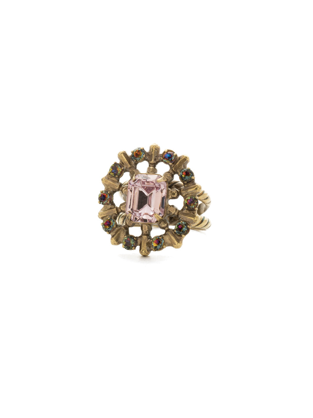 Abelia Ring - RDW60AGROP - A square octagon stone is at the heart of this bold ring! Metal spokes lead to an outer circle encrusted with small round crystals.
