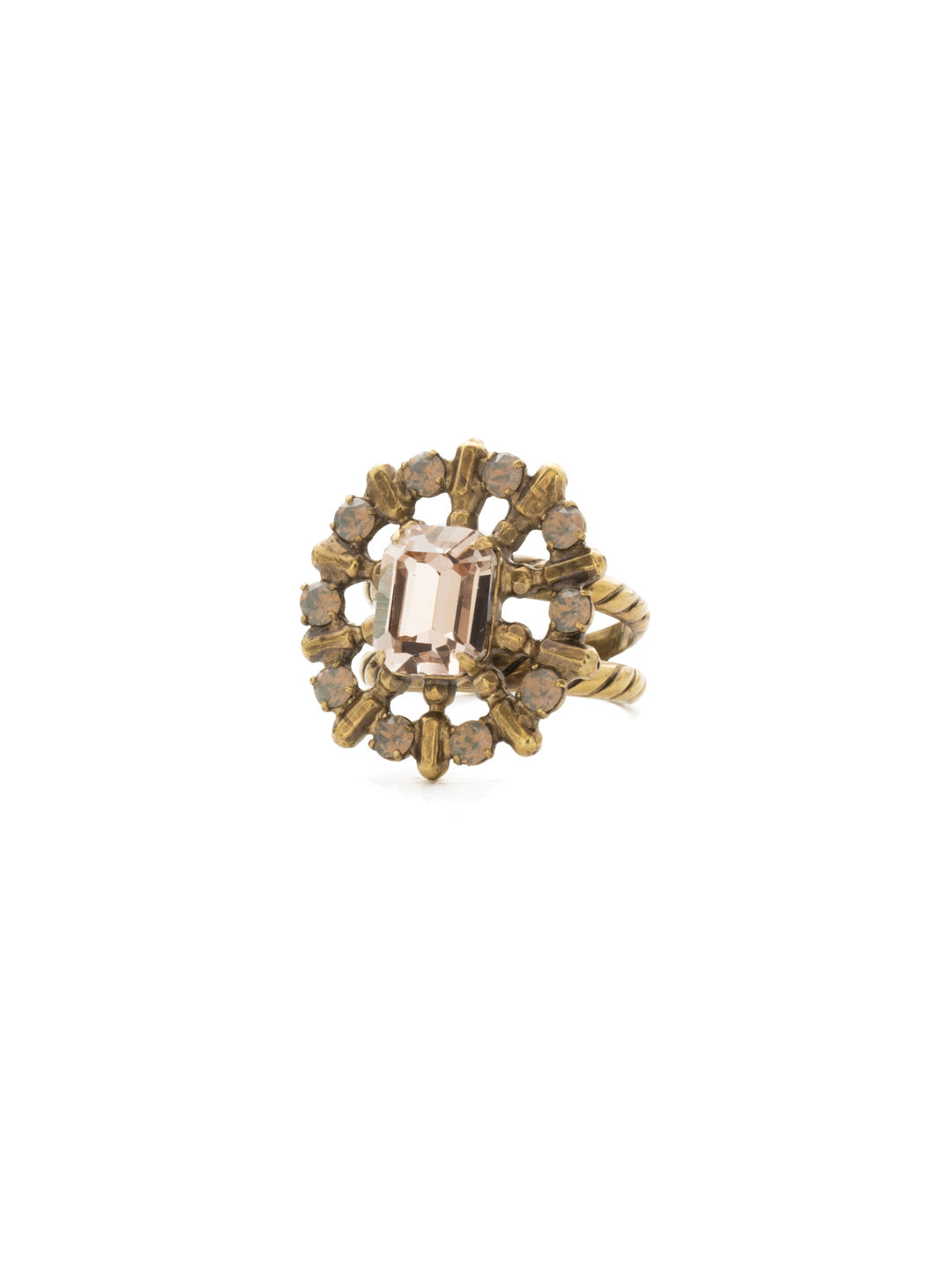 Abelia Ring - RDW60AGSTN - A square octagon stone is at the heart of this bold ring! Metal spokes lead to an outer circle encrusted with small round crystals.
