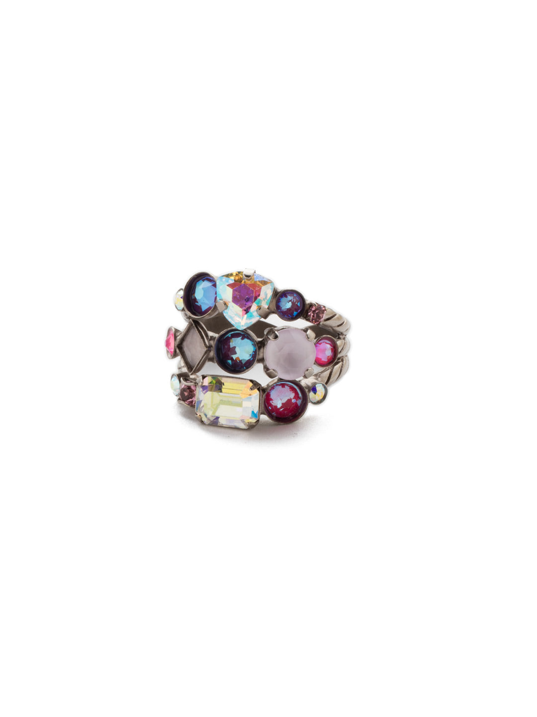 Sedge Stacked Ring - RDX1ASETP - This adjustable ring features three layers of crystals to create the illusion of three stackable rings. From Sorrelli's Electric Pink collection in our Antique Silver-tone finish.