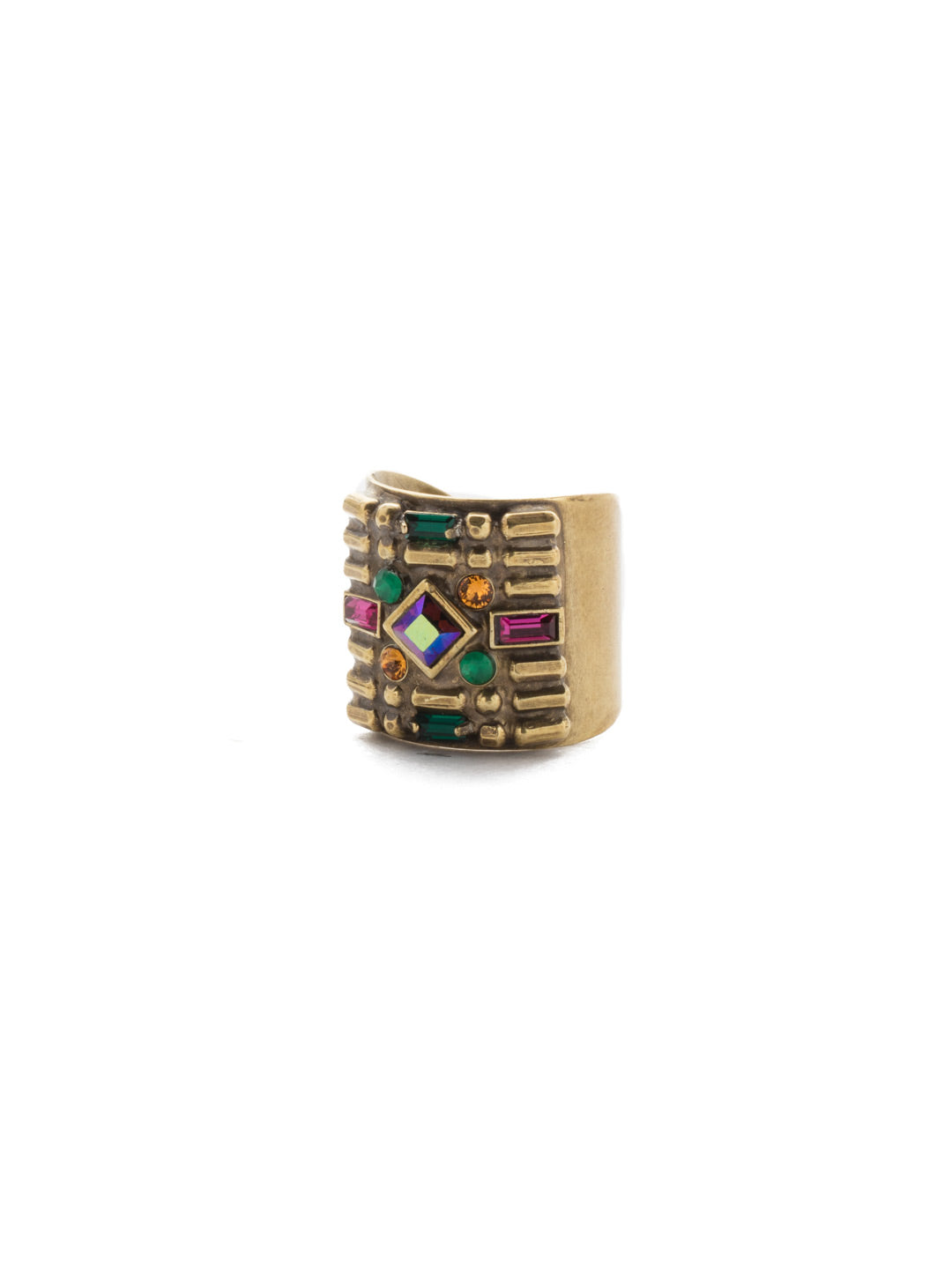 Lyanna Ring - REF7AGGOT - This ring can make a sparkling addition to your stack, a carved band and a pattern of sparkly gems in round and baguette cut shapes. From Sorrelli's Game of Jewel Tones collection in our Antique Gold-tone finish.
